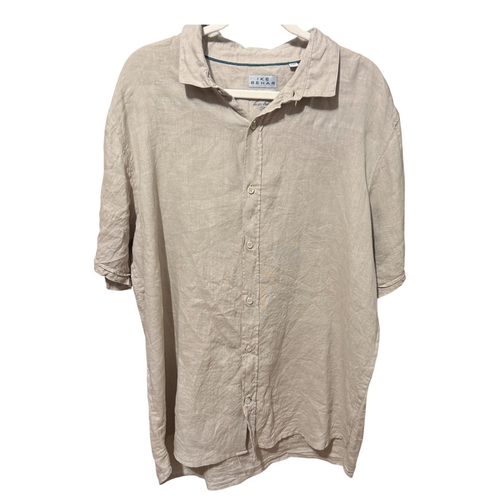 Ike Behar Shirt Luxe Travel Pure Linen XXL Tan Excellent Short Sleeve Button Up